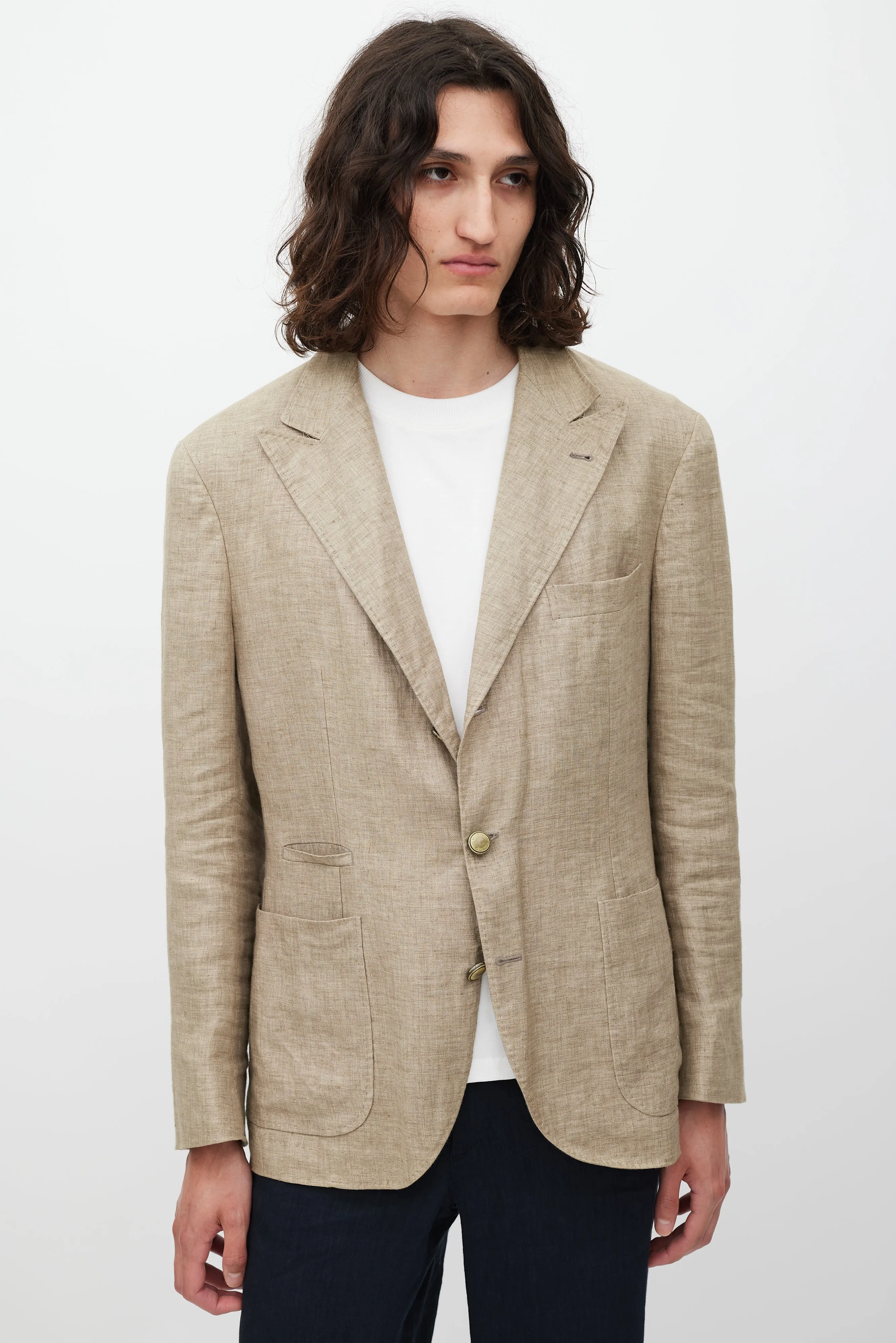 Brown Linen Asymmetrical Pocket Blazer