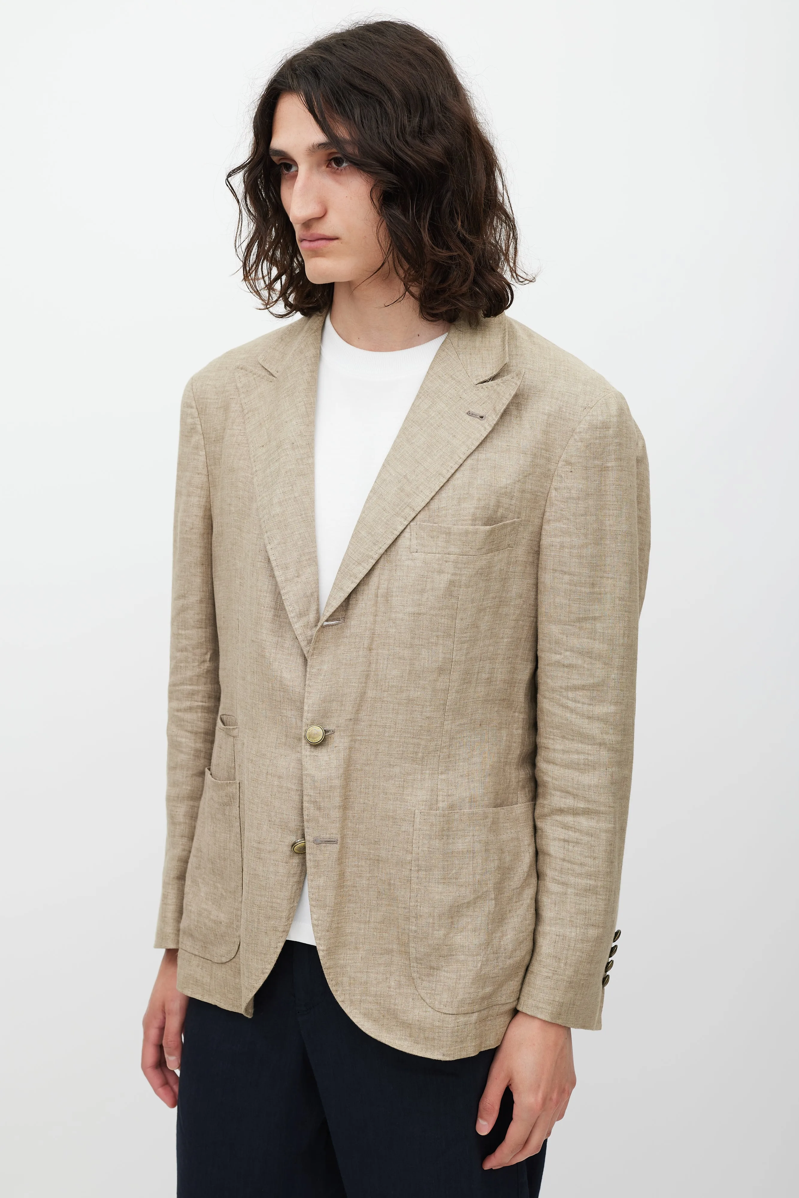 Brown Linen Asymmetrical Pocket Blazer
