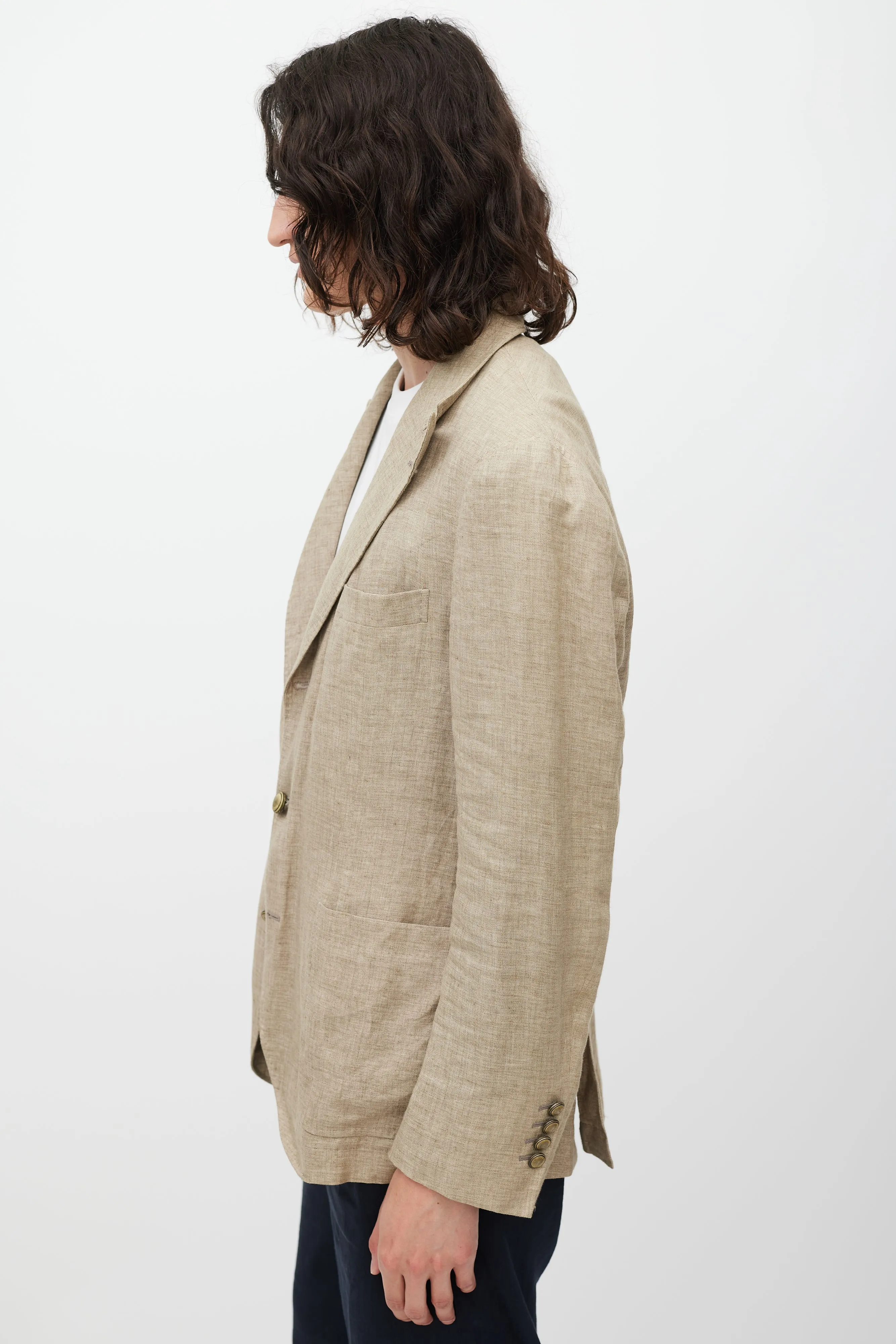 Brown Linen Asymmetrical Pocket Blazer