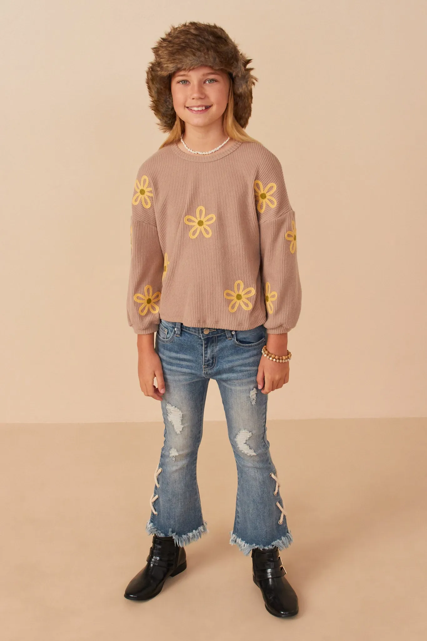 Brushed Rib Knit Embroidered Daisy Top