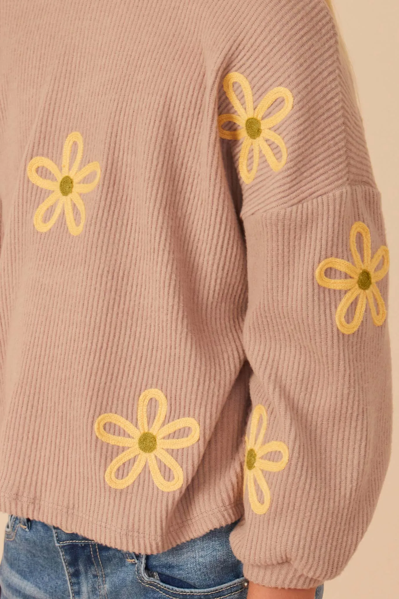 Brushed Rib Knit Embroidered Daisy Top
