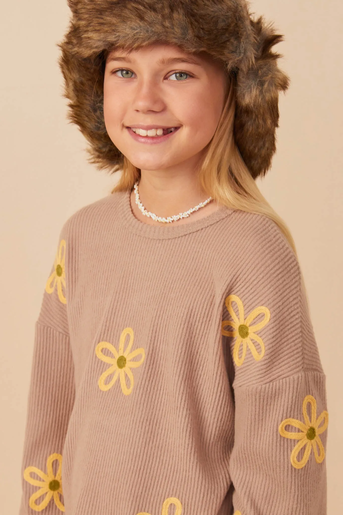 Brushed Rib Knit Embroidered Daisy Top