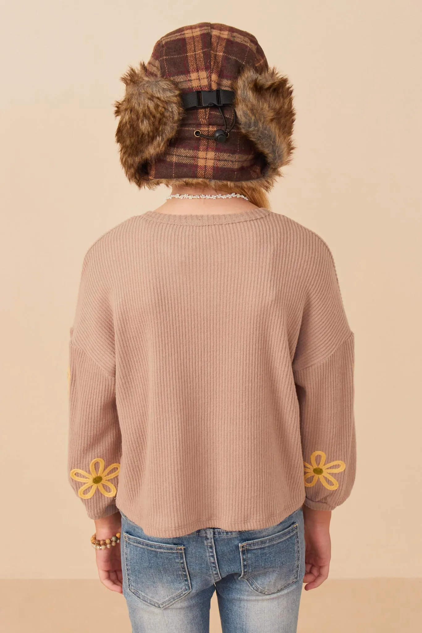 Brushed Rib Knit Embroidered Daisy Top