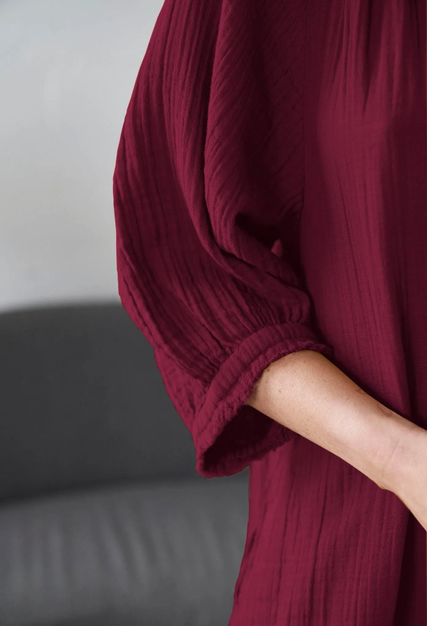 Burgundy Cotton Gauze Dress with Pockets