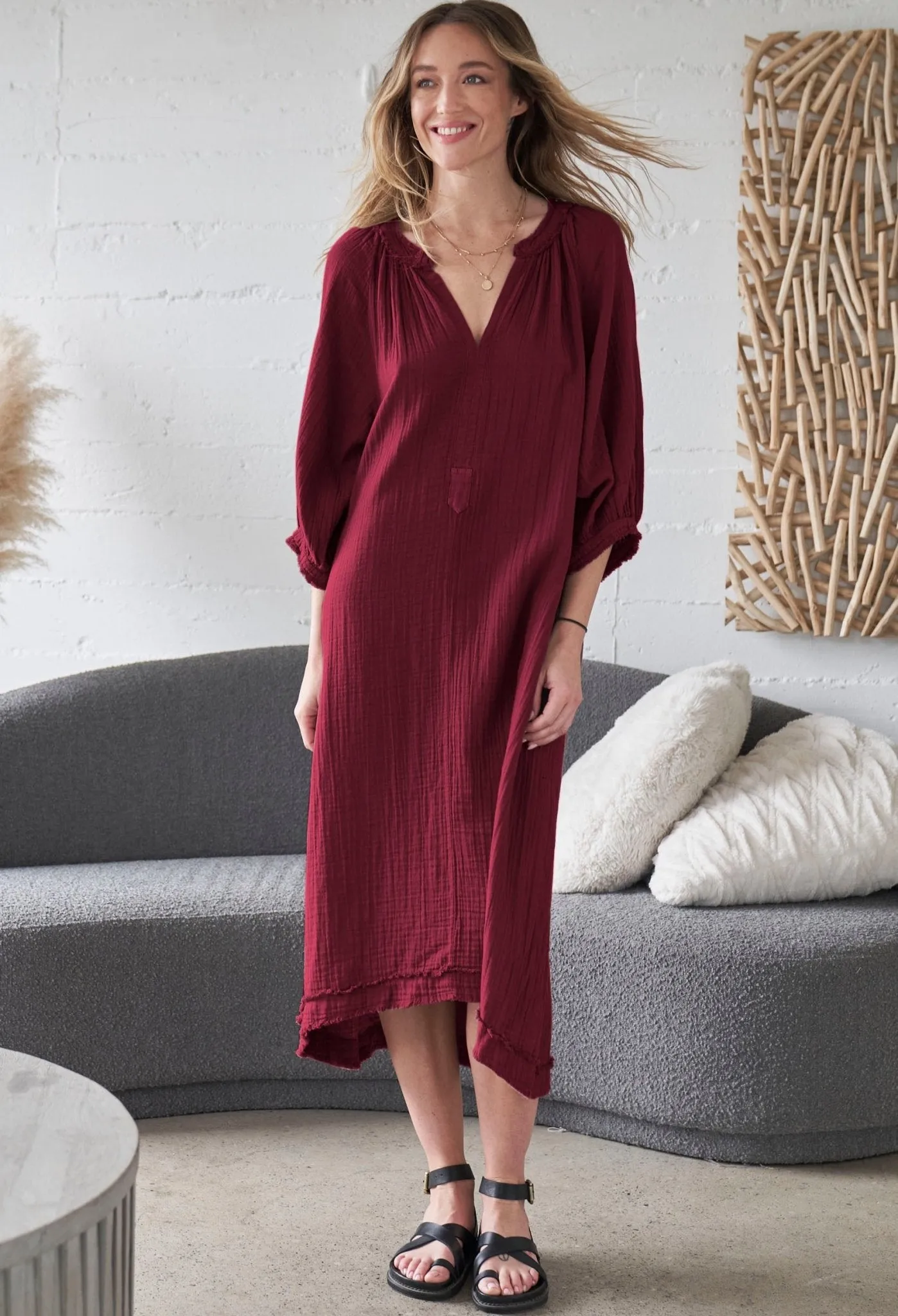 Burgundy Cotton Gauze Dress with Pockets