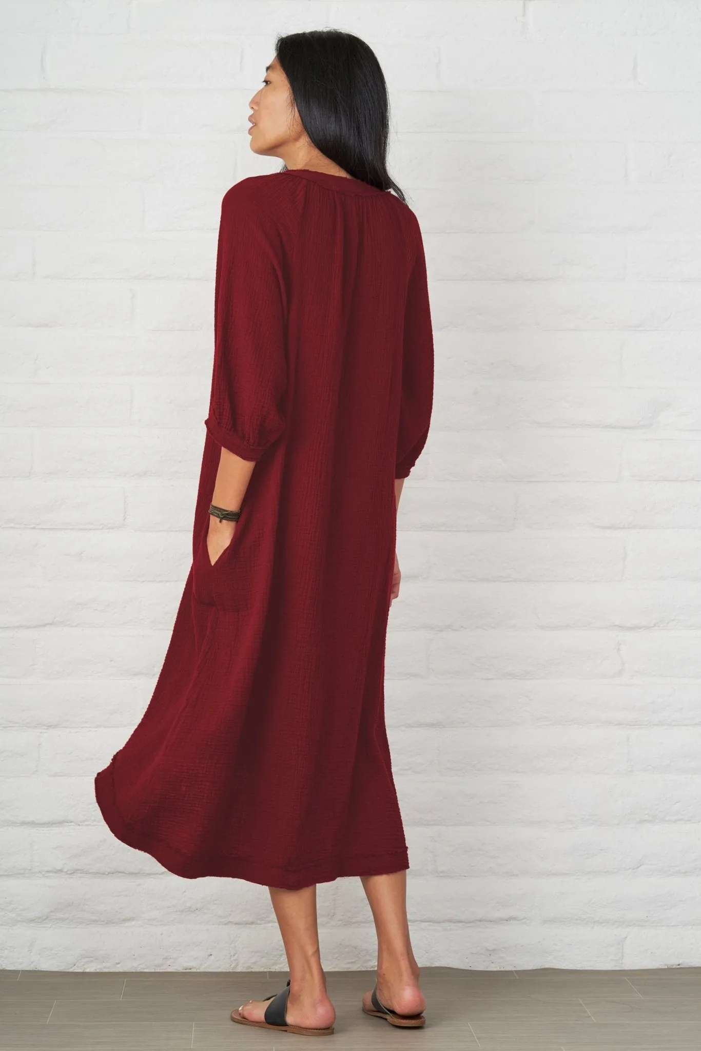 Burgundy Cotton Gauze Dress with Pockets