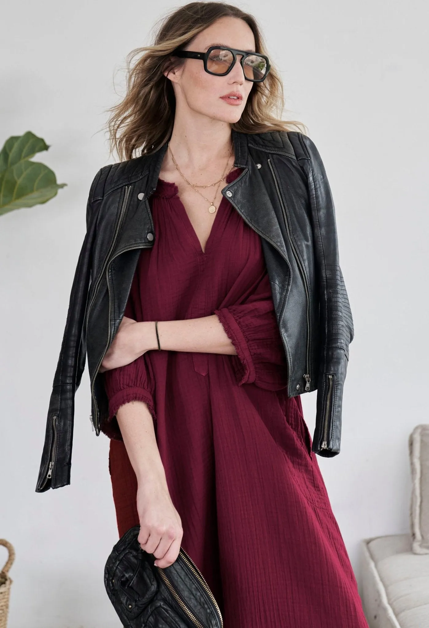 Burgundy Cotton Gauze Dress with Pockets