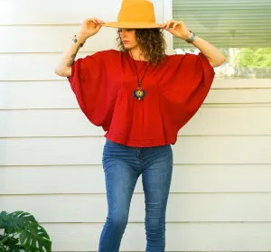 Burgundy Raw Natural Cotton Gauze Blouse