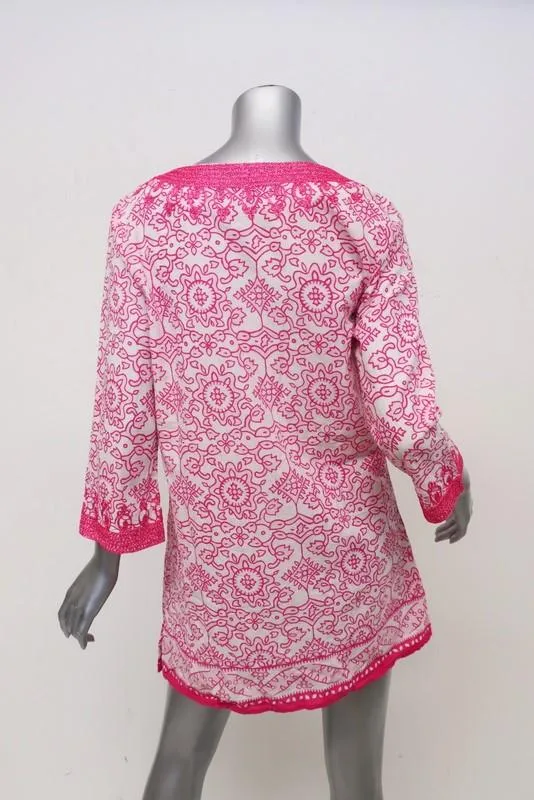 Calypso St. Barth Tunic Hester Pink/White Metallic-Embroidered Cotton Size Small