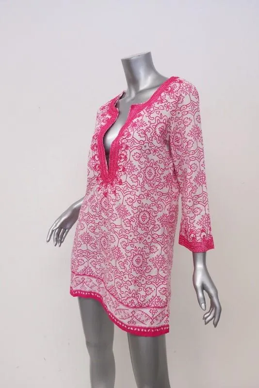 Calypso St. Barth Tunic Hester Pink/White Metallic-Embroidered Cotton Size Small
