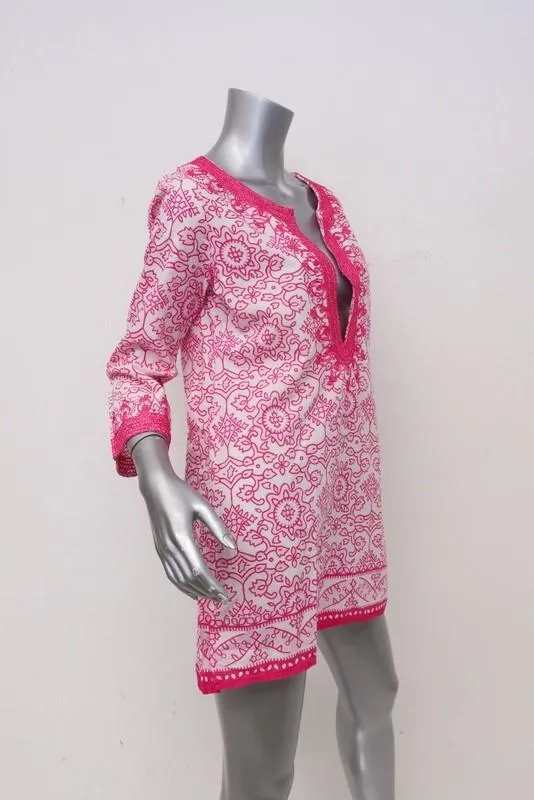 Calypso St. Barth Tunic Hester Pink/White Metallic-Embroidered Cotton Size Small