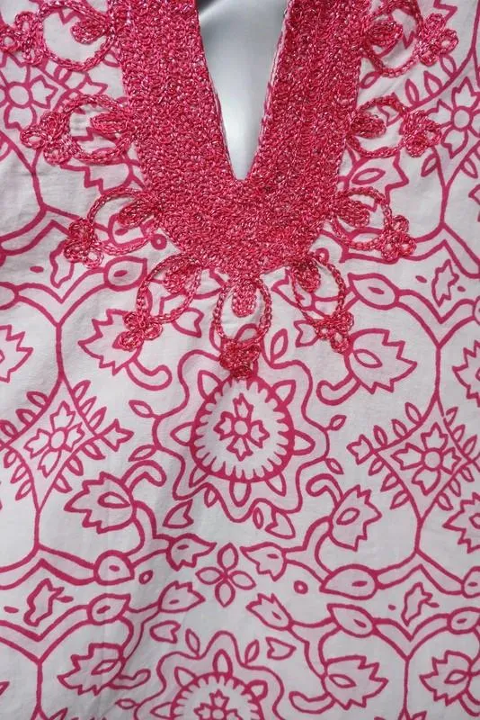 Calypso St. Barth Tunic Hester Pink/White Metallic-Embroidered Cotton Size Small