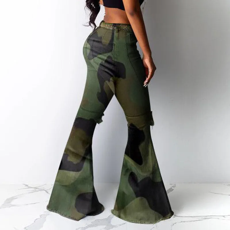 Camouflage Cutout Bell Bottom Pants
