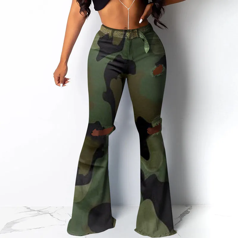 Camouflage Cutout Bell Bottom Pants