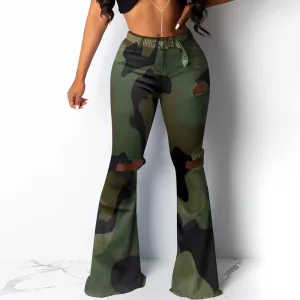 Camouflage Cutout Bell Bottom Pants