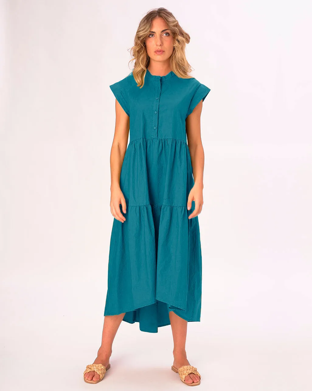 Cap Sleeve Band Collar Cotton Dress