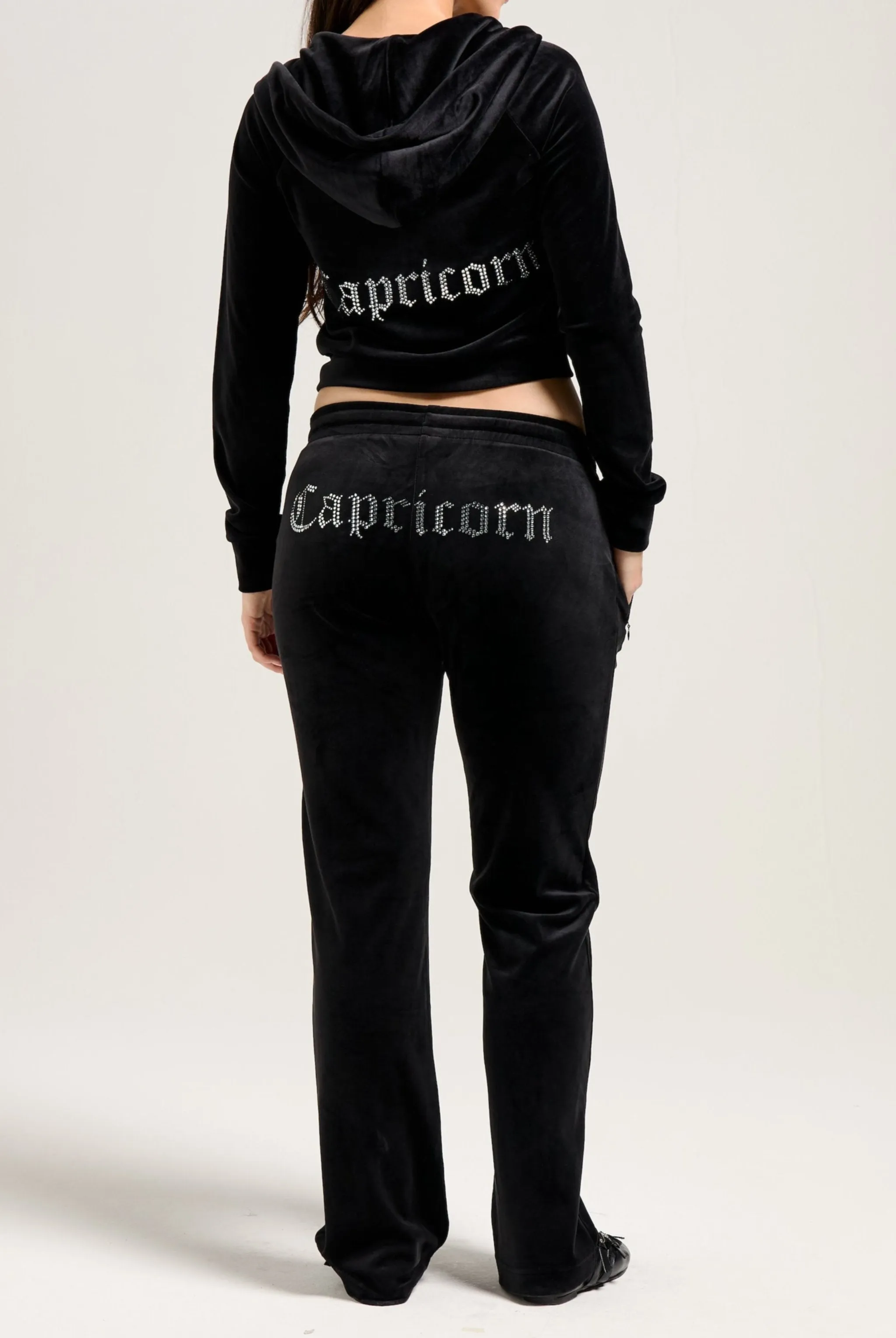 'CAPRICORN' BLACK VELOUR DIAMANTÉ TRACKSUIT BOTTOM