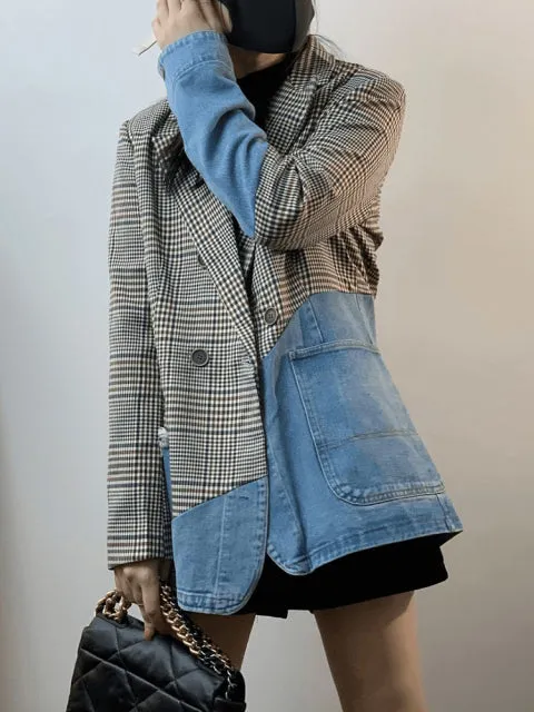 Casual Patchwork Plaid Blazer For Women Notched Collar Clothing Fashion
