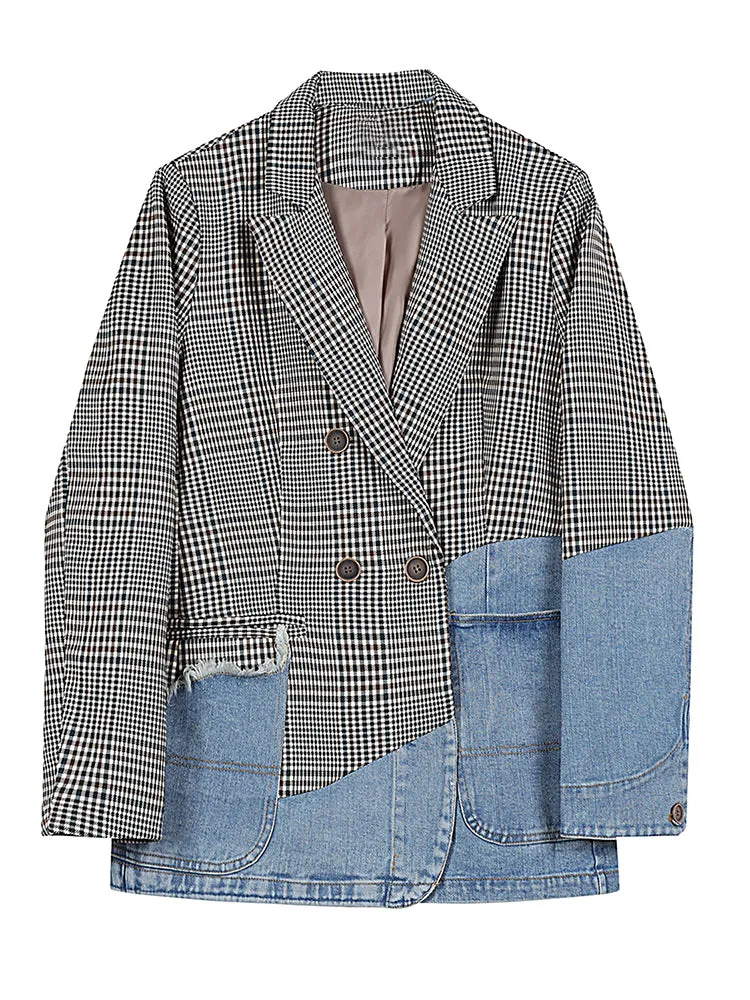 Casual Patchwork Plaid Blazer For Women Notched Collar Clothing Fashion