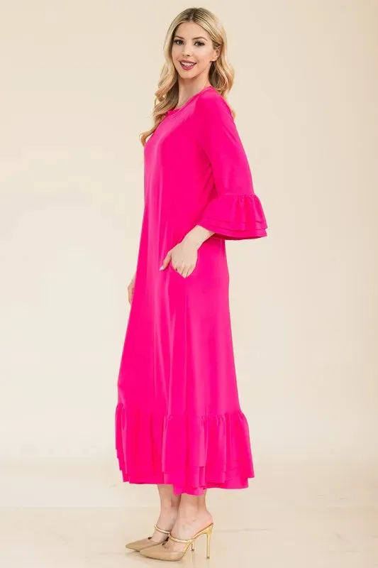Celeste Full Size Modest Midi Dress with 3/4 Ruffle Bell Sleeves Plus Size