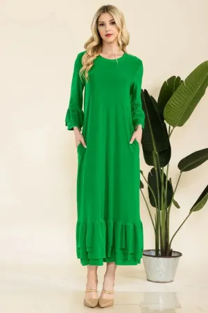 Celeste Full Size Modest Midi Dress with 3/4 Ruffle Bell Sleeves Plus Size