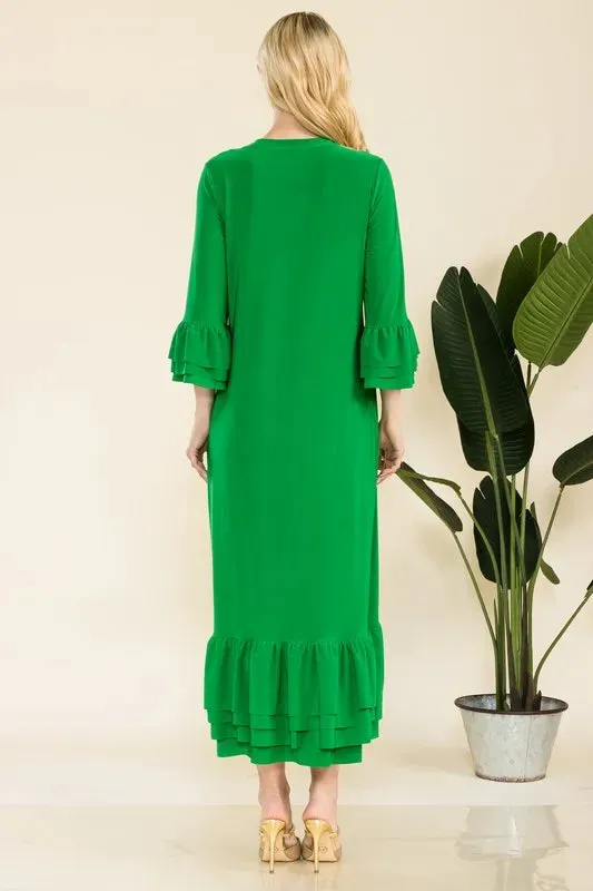 Celeste Full Size Modest Midi Dress with 3/4 Ruffle Bell Sleeves Plus Size