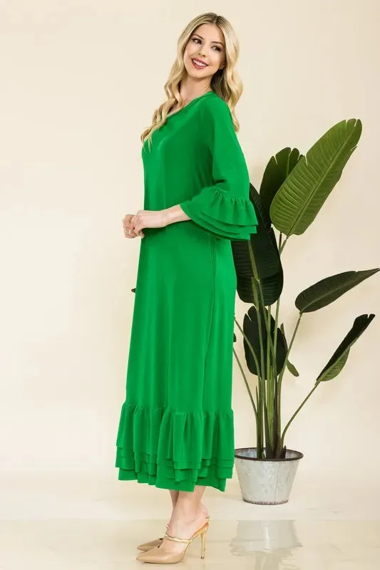 Celeste Full Size Modest Midi Dress with 3/4 Ruffle Bell Sleeves Plus Size
