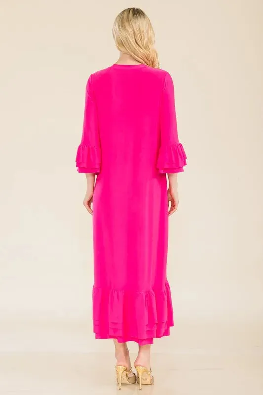 Celeste Full Size Modest Midi Dress with 3/4 Ruffle Bell Sleeves Plus Size