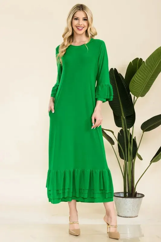 Celeste Full Size Modest Midi Dress with 3/4 Ruffle Bell Sleeves Plus Size
