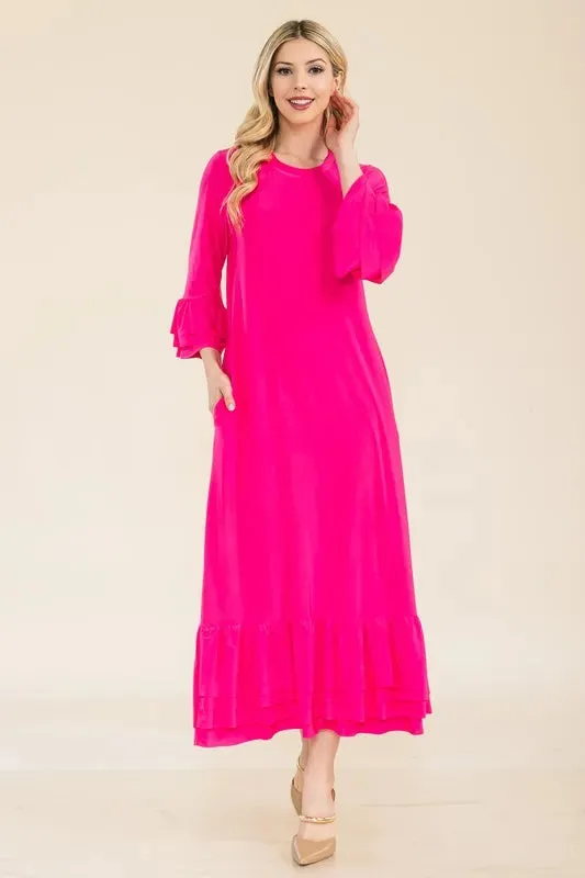 Celeste Full Size Modest Midi Dress with 3/4 Ruffle Bell Sleeves Plus Size