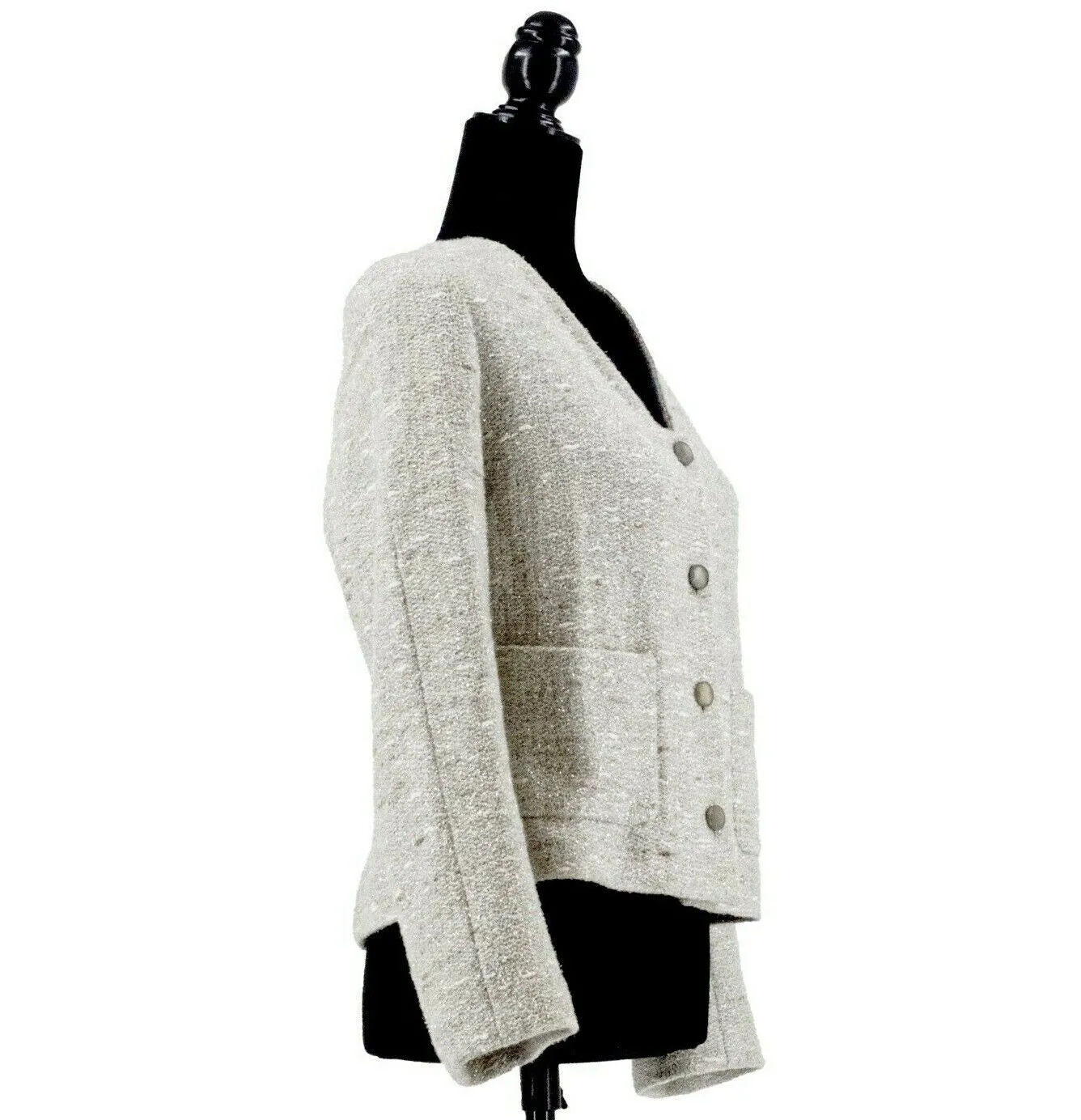 Chanel - Metallic Tweed Jacket - Grey, Silver, White - CC Buttons - Size S