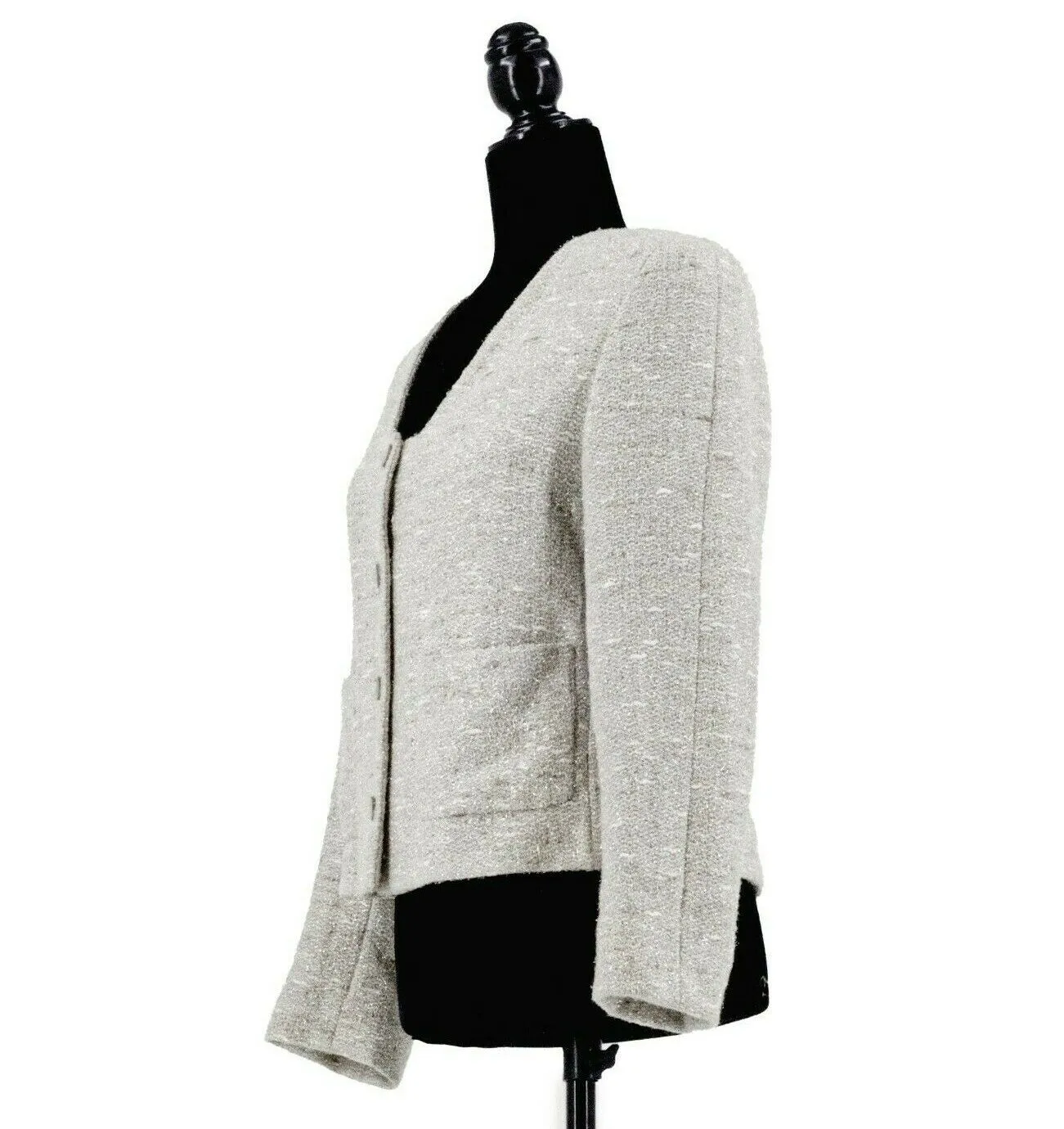 Chanel - Metallic Tweed Jacket - Grey, Silver, White - CC Buttons - Size S
