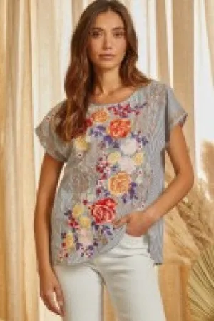 Charcoal Stripe S/S with Floral Embroidered Front