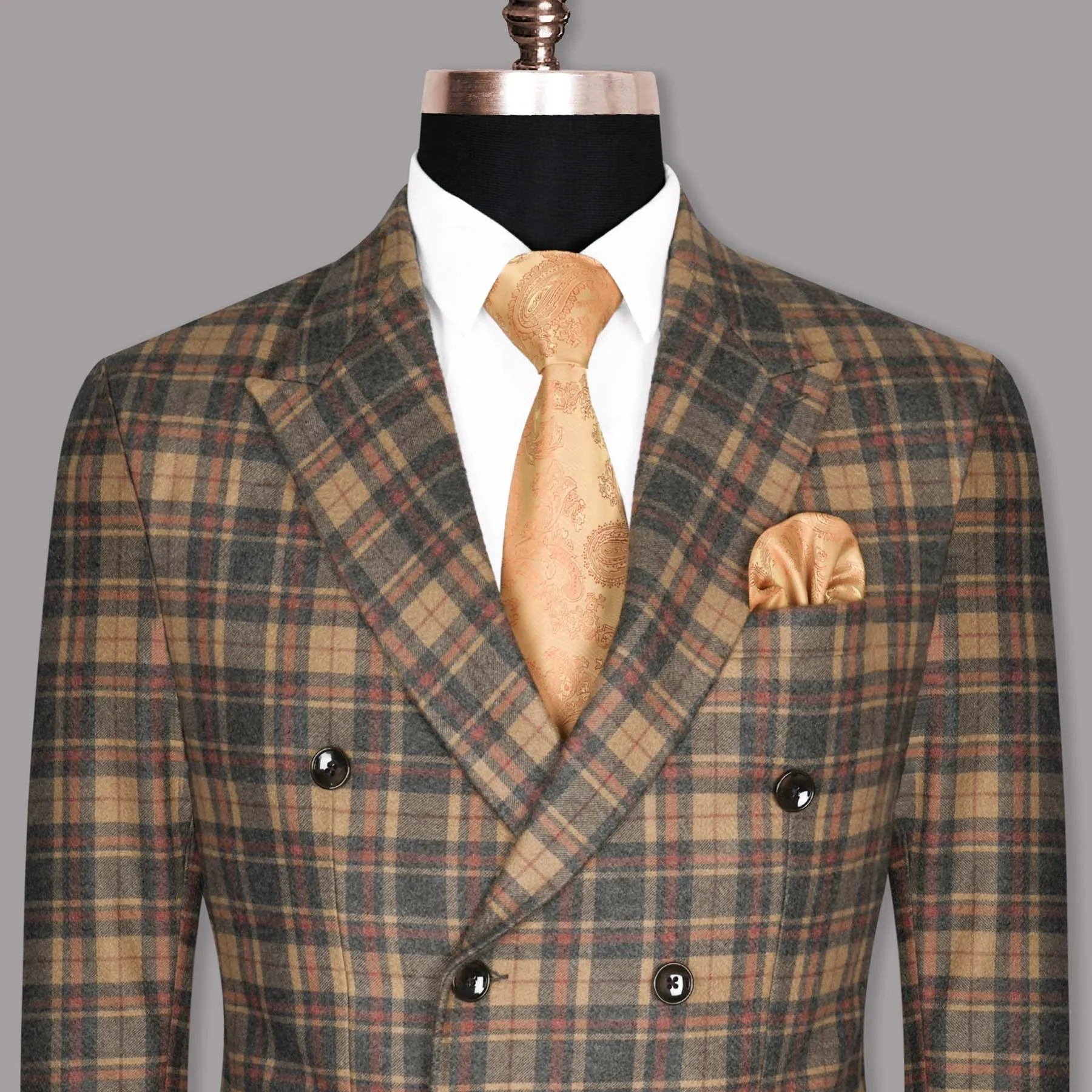 Charcoal with Orange and Red Plaid Flannel Wool Rich Double Breasted Blazer