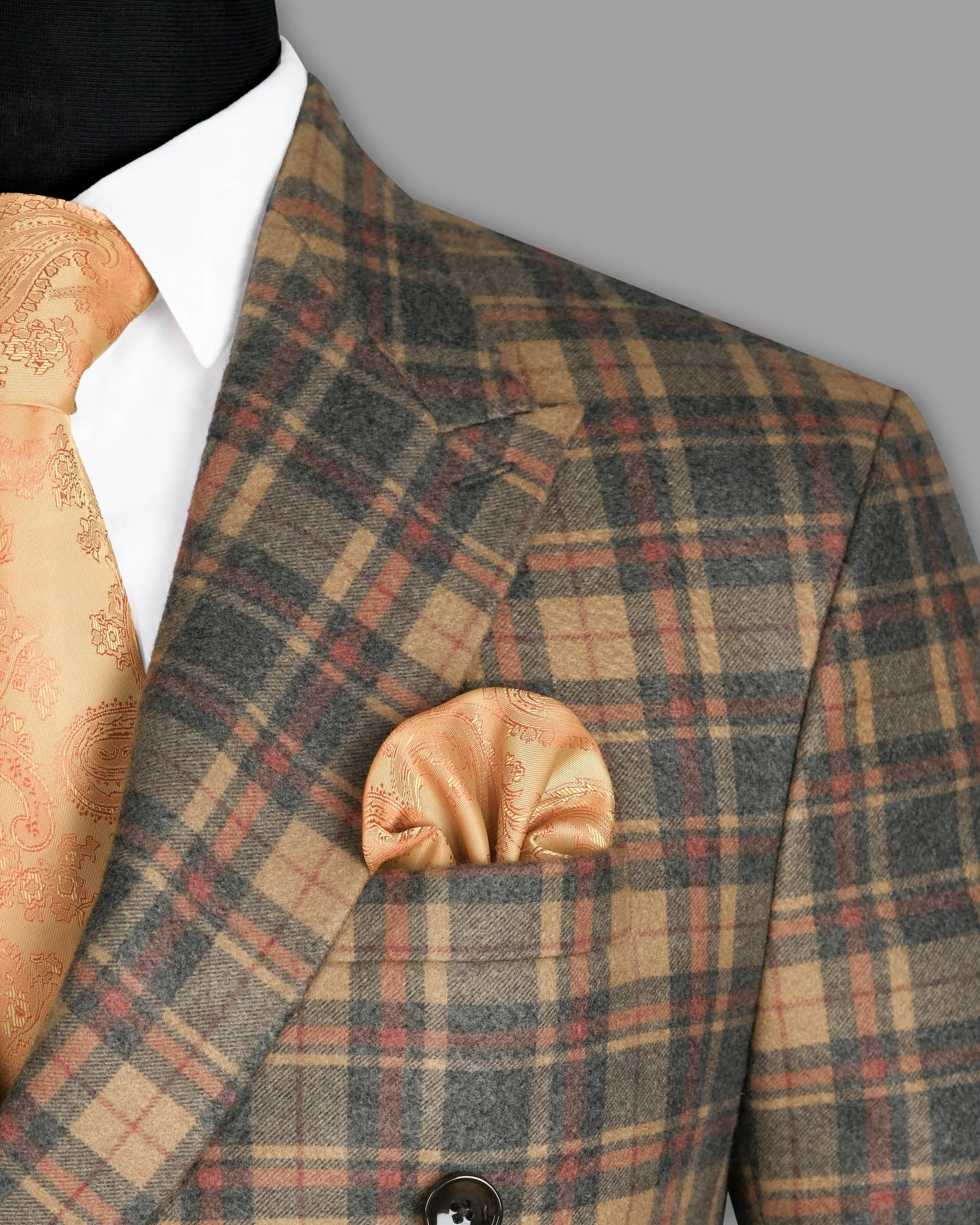 Charcoal with Orange and Red Plaid Flannel Wool Rich Double Breasted Blazer