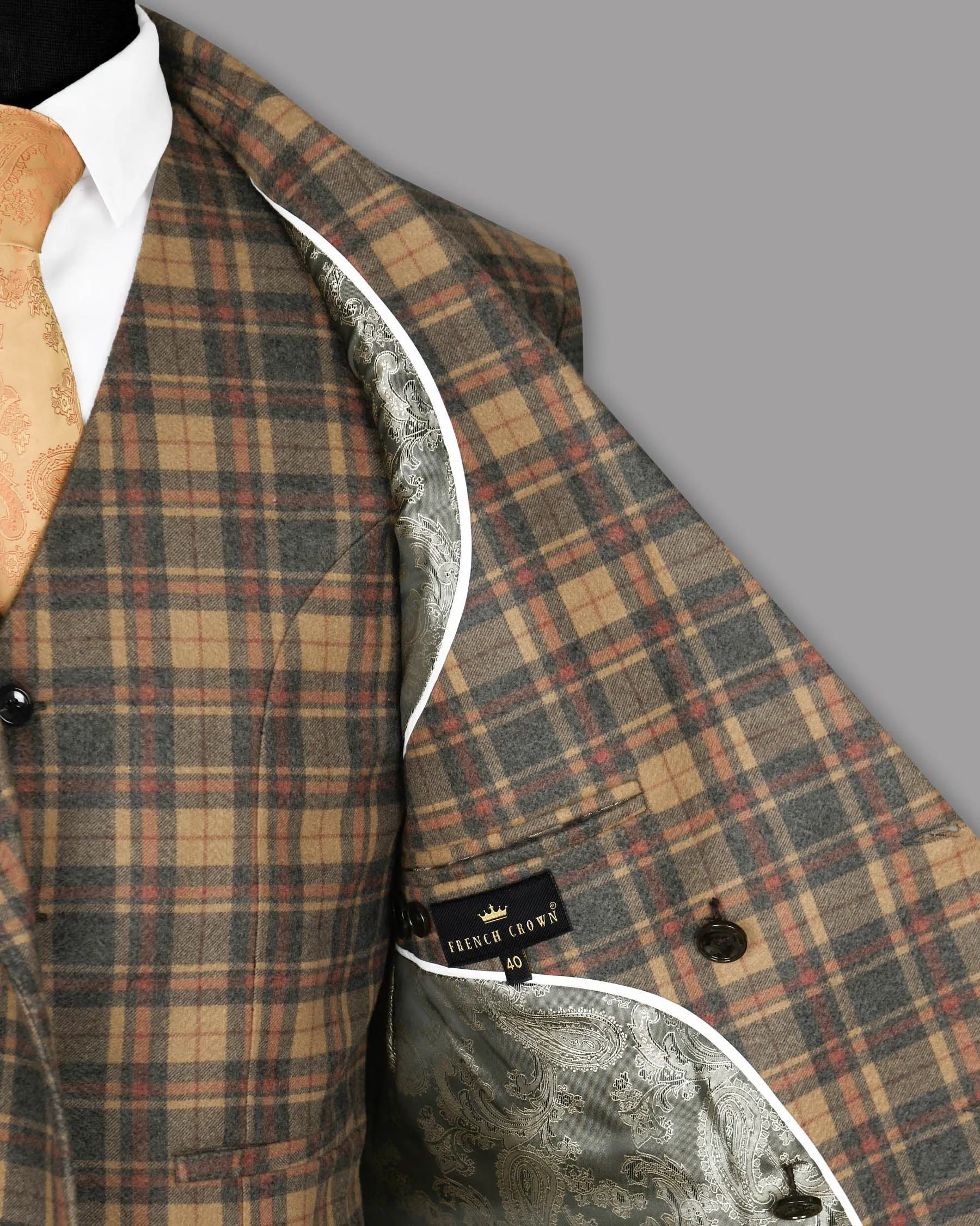 Charcoal with Orange and Red Plaid Flannel Wool Rich Double Breasted Blazer