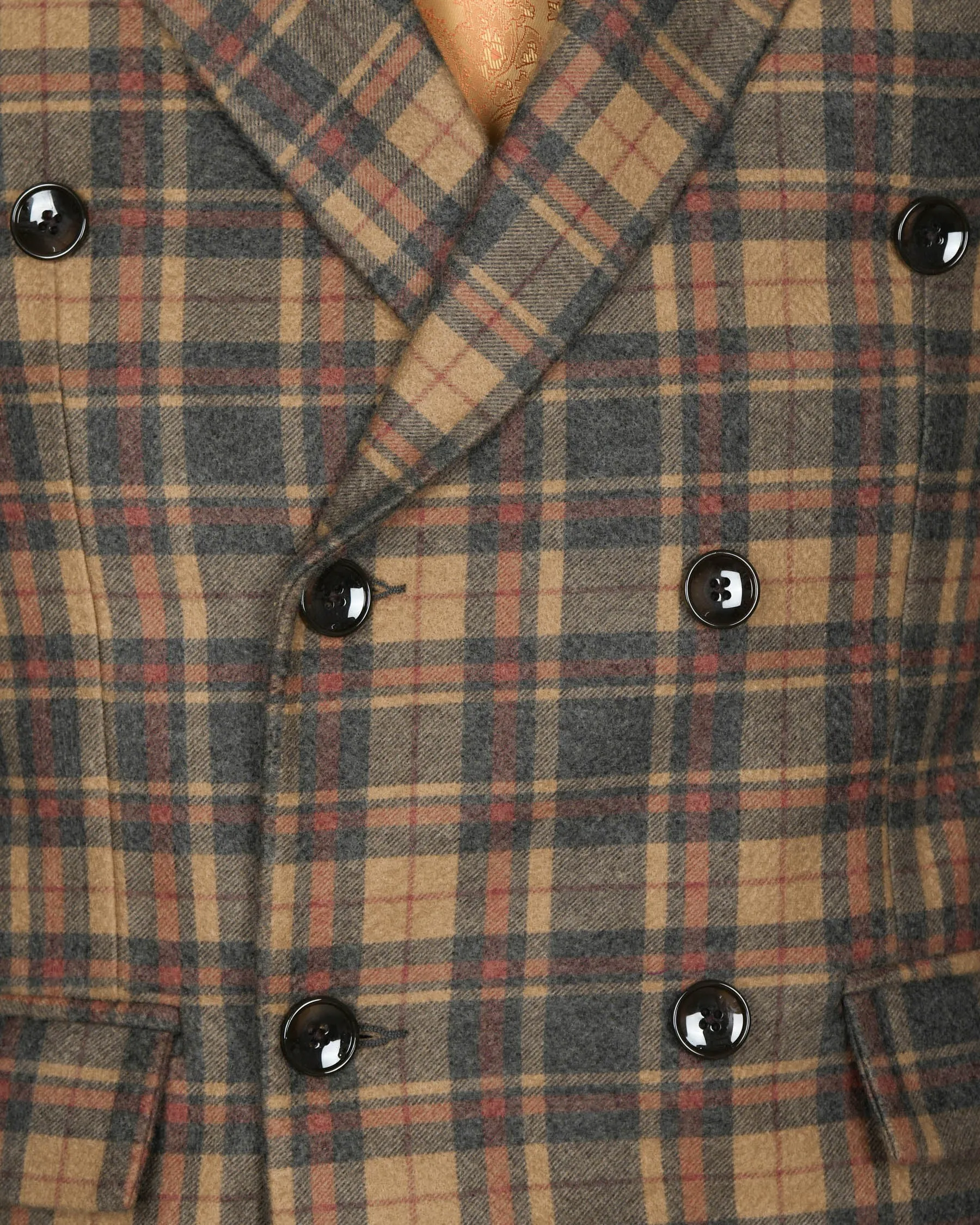 Charcoal with Orange and Red Plaid Flannel Wool Rich Double Breasted Blazer