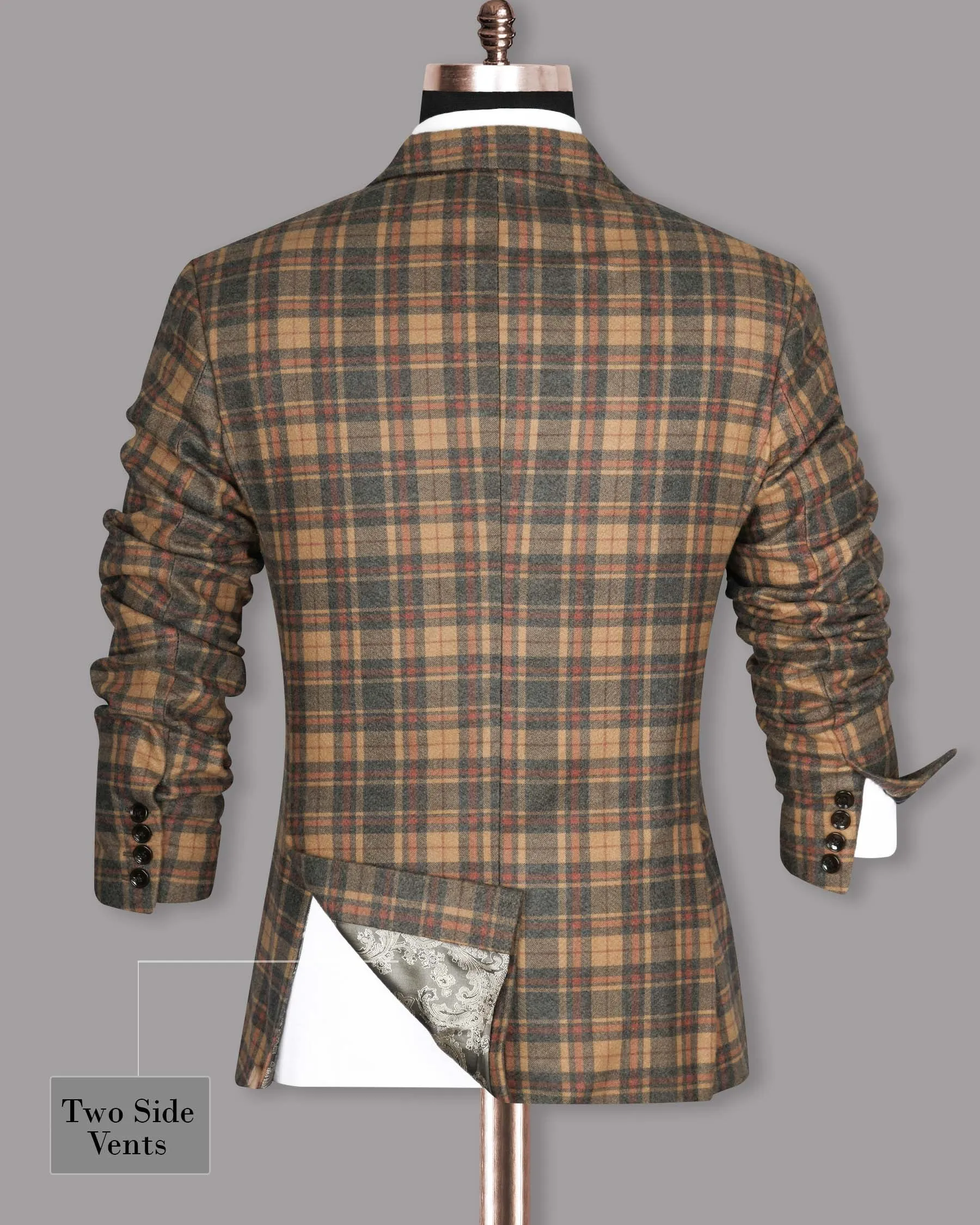 Charcoal with Orange and Red Plaid Flannel Wool Rich Double Breasted Blazer