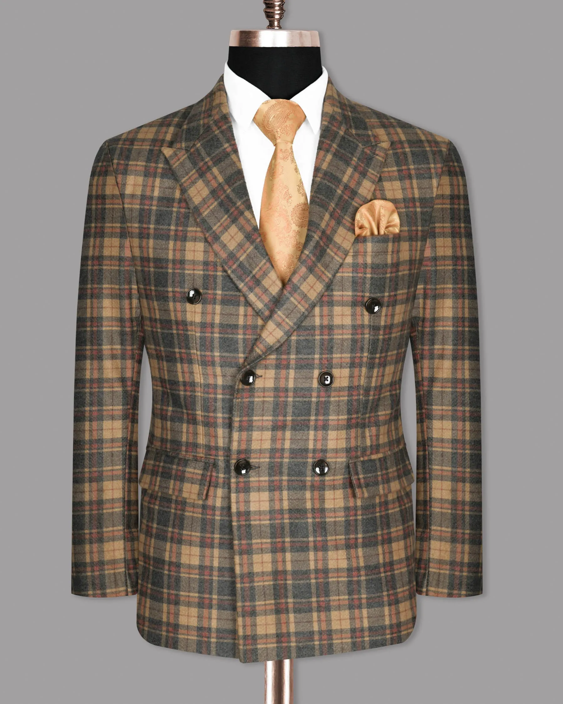 Charcoal with Orange and Red Plaid Flannel Wool Rich Double Breasted Blazer