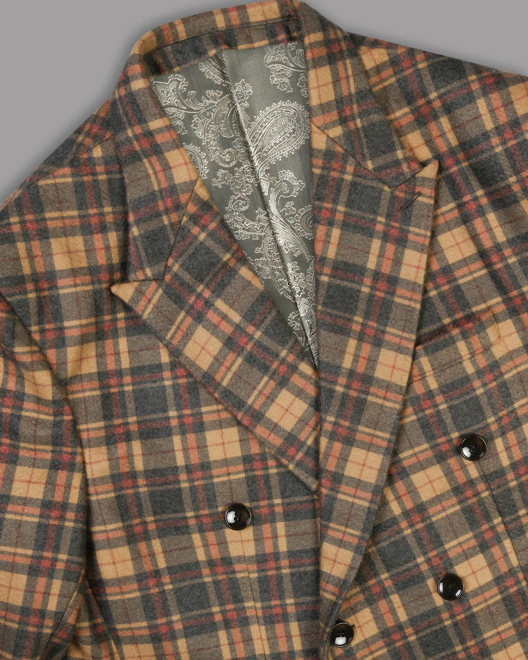 Charcoal with Orange and Red Plaid Flannel Wool Rich Double Breasted Blazer