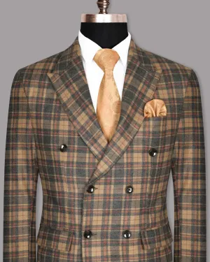 Charcoal with Orange and Red Plaid Flannel Wool Rich Double Breasted Blazer