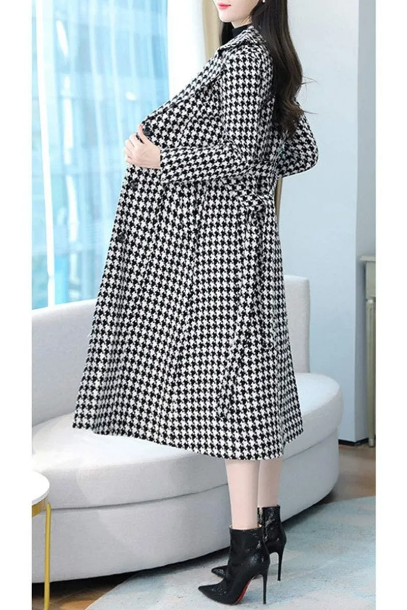 Chouyatou Women's Houndstooth Trench Coat Winter Single Breasted Quilt-Lined Long Coat