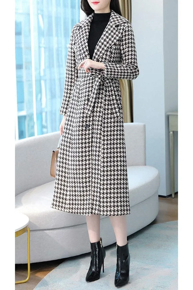 Chouyatou Women's Houndstooth Trench Coat Winter Single Breasted Quilt-Lined Long Coat