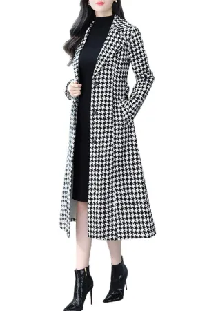 Chouyatou Women's Houndstooth Trench Coat Winter Single Breasted Quilt-Lined Long Coat