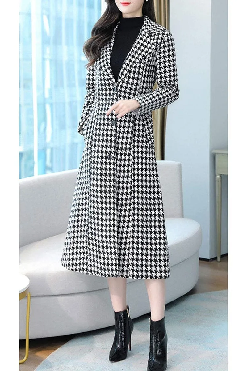 Chouyatou Women's Houndstooth Trench Coat Winter Single Breasted Quilt-Lined Long Coat