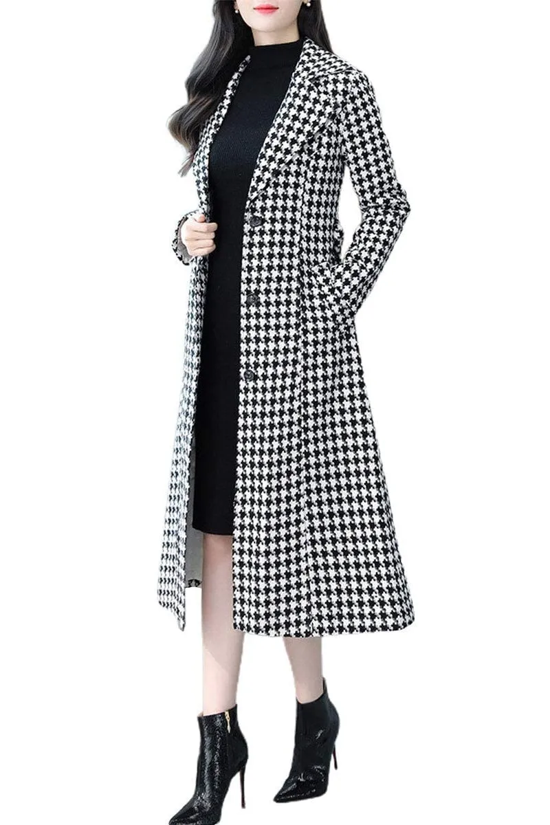 Chouyatou Women's Houndstooth Trench Coat Winter Single Breasted Quilt-Lined Long Coat