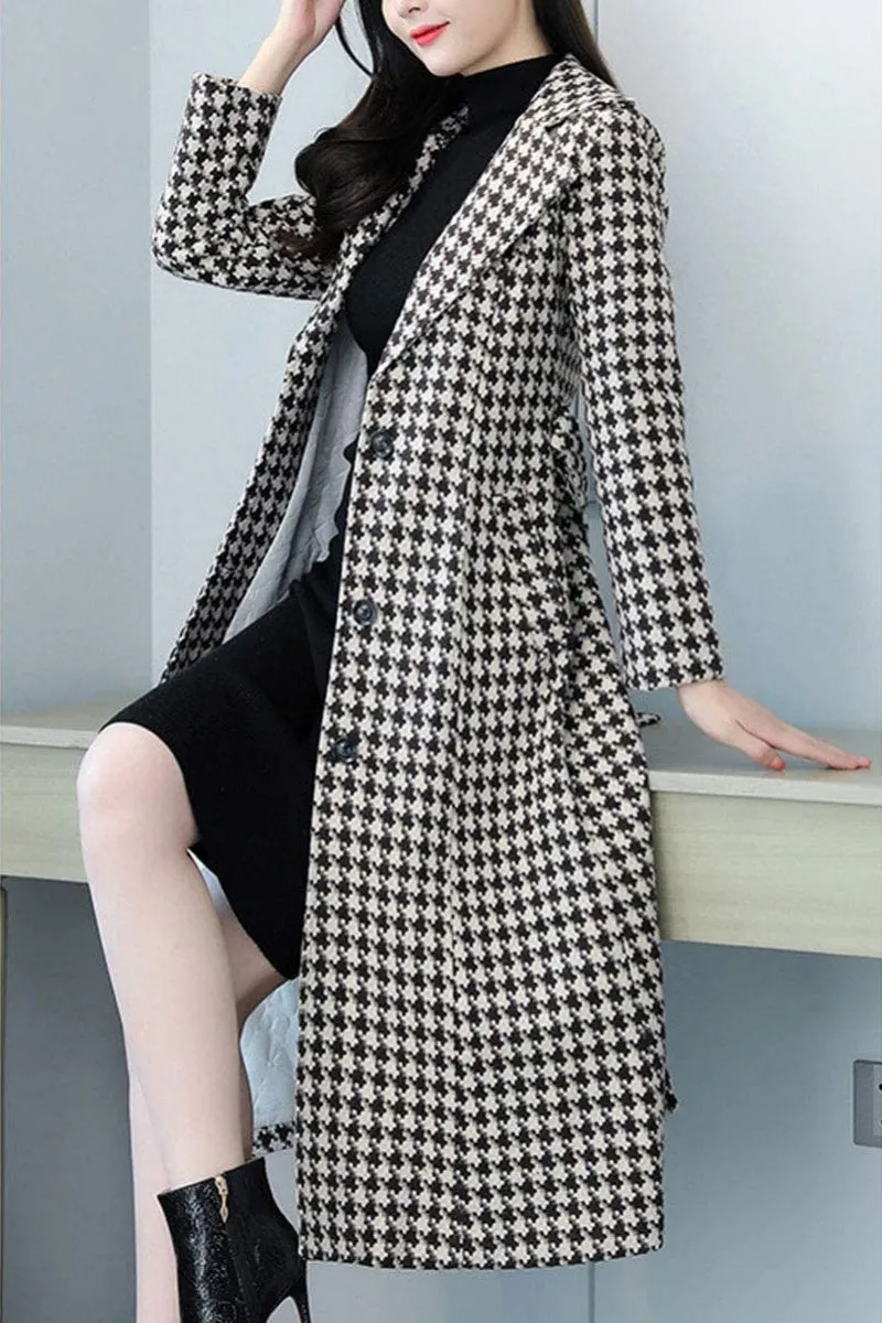 Chouyatou Women's Houndstooth Trench Coat Winter Single Breasted Quilt-Lined Long Coat