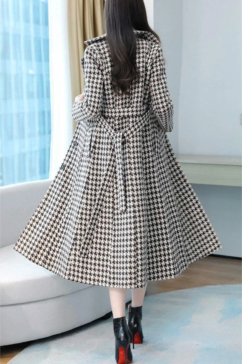 Chouyatou Women's Houndstooth Trench Coat Winter Single Breasted Quilt-Lined Long Coat