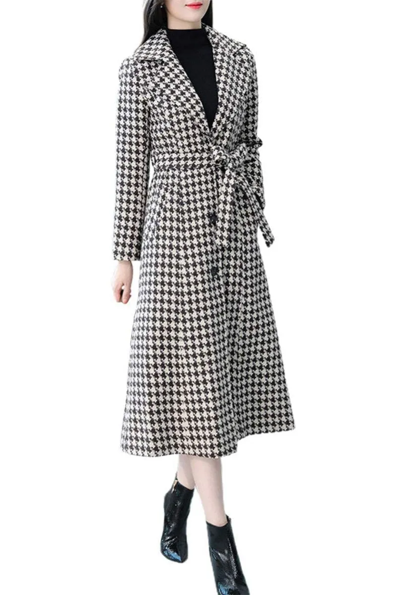 Chouyatou Women's Houndstooth Trench Coat Winter Single Breasted Quilt-Lined Long Coat