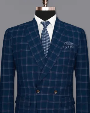 Cloud Burst Blue Super fine Windowpane Double Breasted Wool Rich Blazer